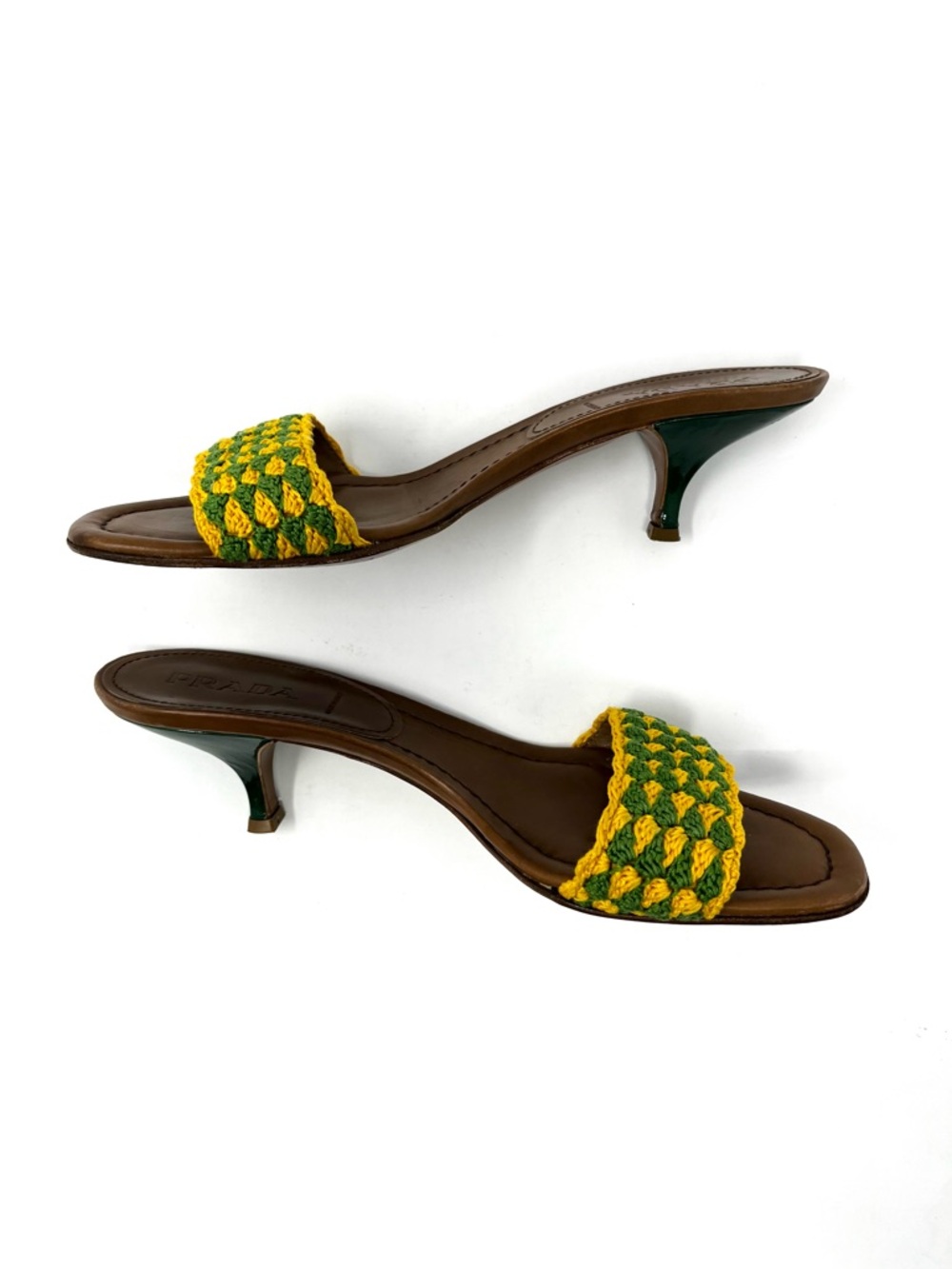Vintage Prada Green Yellow Crochet Raffia Kitten Heels Slides Sandals 37.5 7.5 - Picture 5 of 10